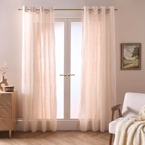 OHS Tufted Arches Voile Net Curtains, 2 Transparent Eyelet Panels, Natural, W: 140 cm, Drop: 220 cm