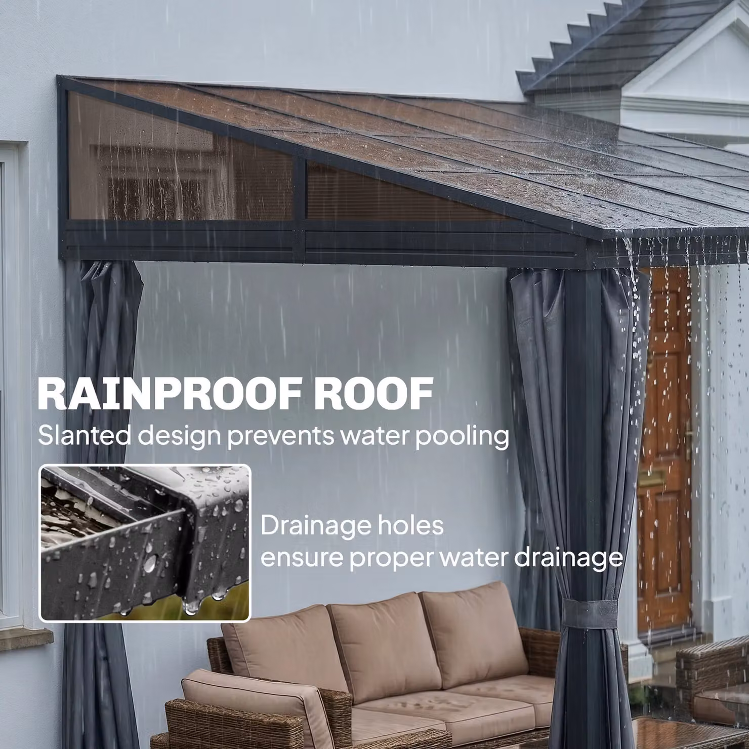 Outsunny Modern Lean-to Pergola Gazebo with Polycarbonate Roof in Grey, W: 400 cm, D: 300 cm, H: 245 cm – 5