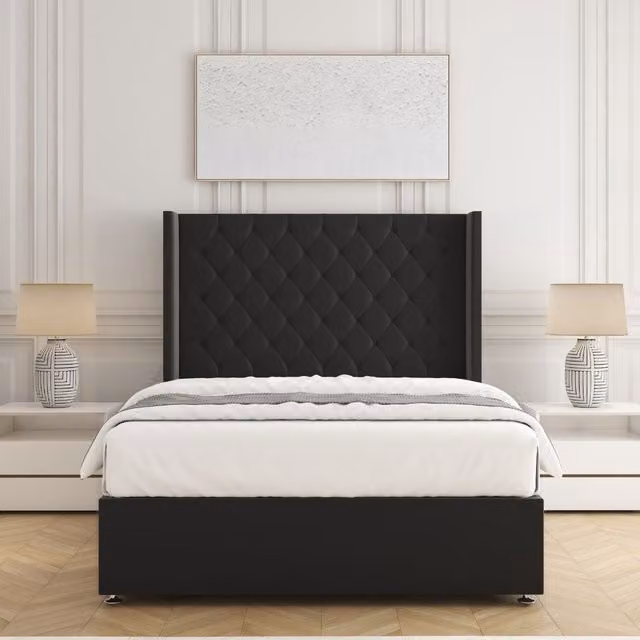 BSSPOKE Winchester Double Divan Bed Set with 54 inch Headboard and Mattress in Black Plush Velvet, W/D/H: 140 x 200 cm
