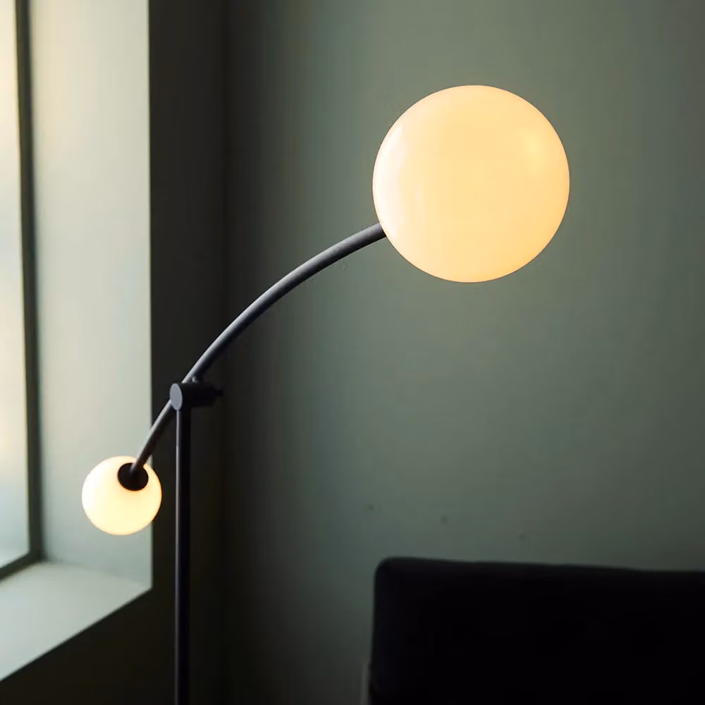 Loops Matt Black Standing Twin Floor Lamp with Adjustable Height and White Opal Glass Spheres – 3