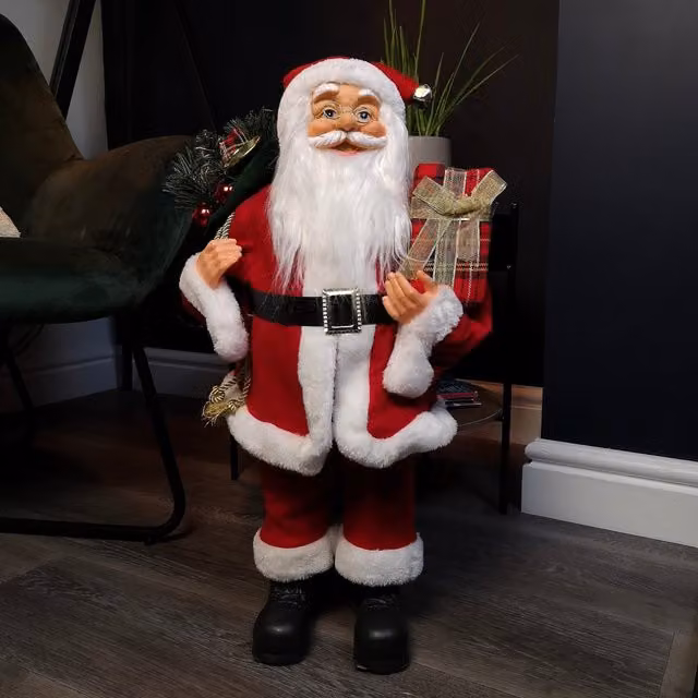Samuel Alexander Red Standing Santa Claus Christmas Indoor Decoration with Present and Green Sack, Height: 60 cm