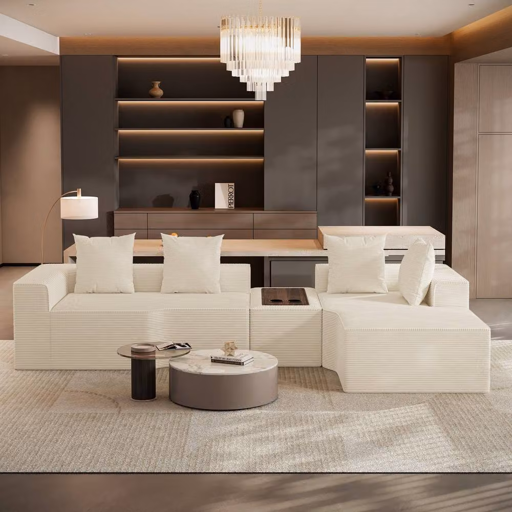 Dprodo Beige Corduroy Right L-Shaped Modular Sofa with Cup Holder Table and Scatter Cushions, 320 cm – 2