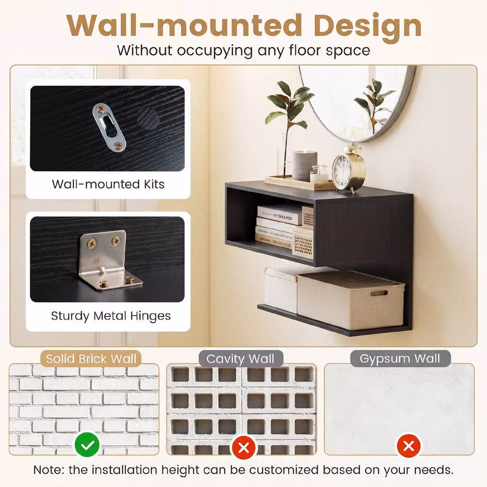 Gymax Set of 2 Wall Mounted Black Matt Floating Nightstands with Glass and Metal Design – 5