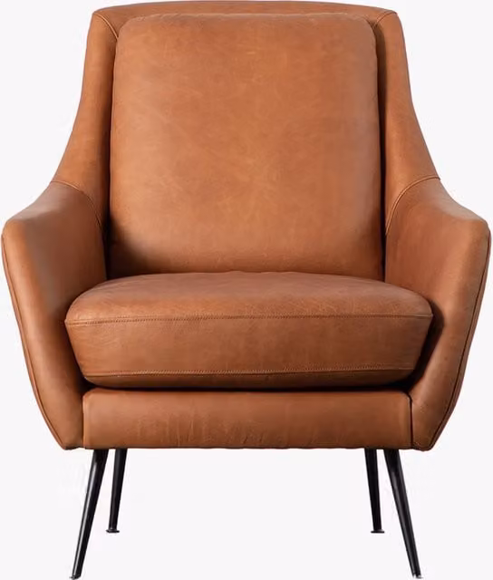 Perch & Parrow Retro Brown Leather Armchair with Armrests and Metal Legs
