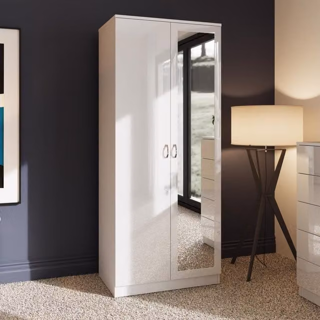 FWStyle Modern 2 Door Mirrored Double Wardrobe in White Gloss