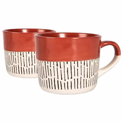 Nicola Spring Dipped Dash Stoneware Ceramic Coffee Mugs, Red, 475ml, Pack of 2