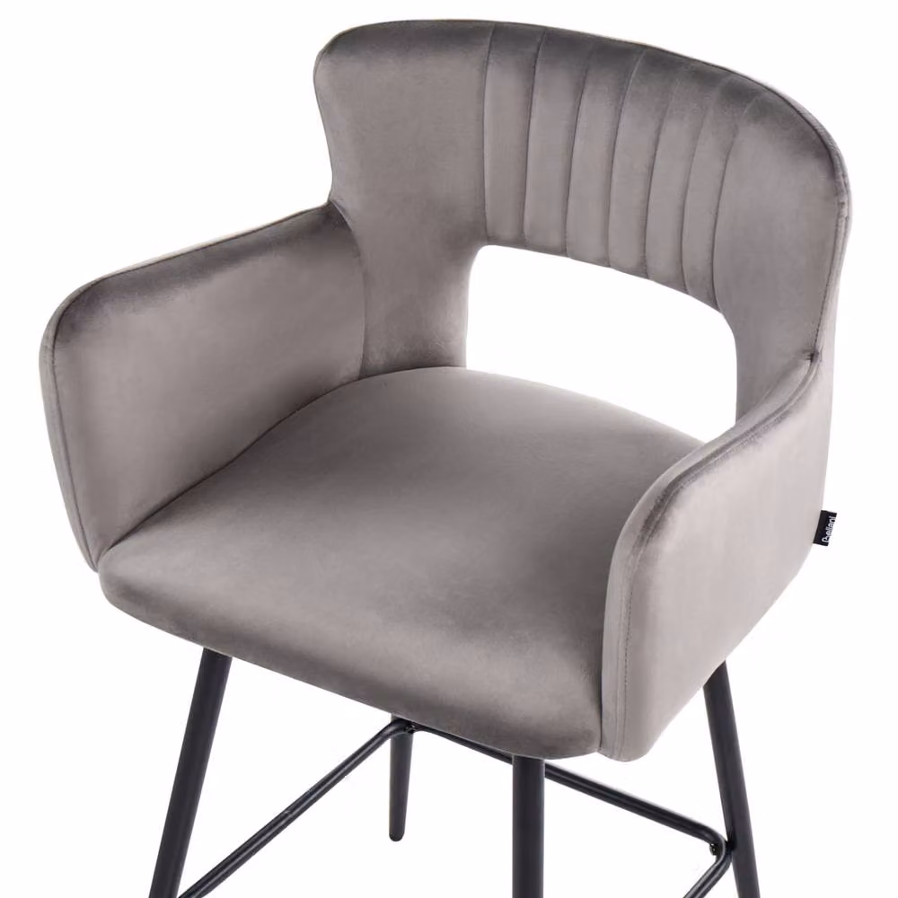 Wyld and Coco Set of 2 Grey Velvet Bar Chairs with Armrests and Cut-Out Back – 4