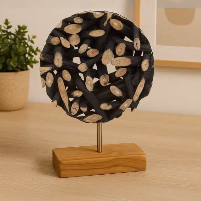 Orsina Abstract Round Wooden Tabletop Sculpture in Black and Multicolour – 1