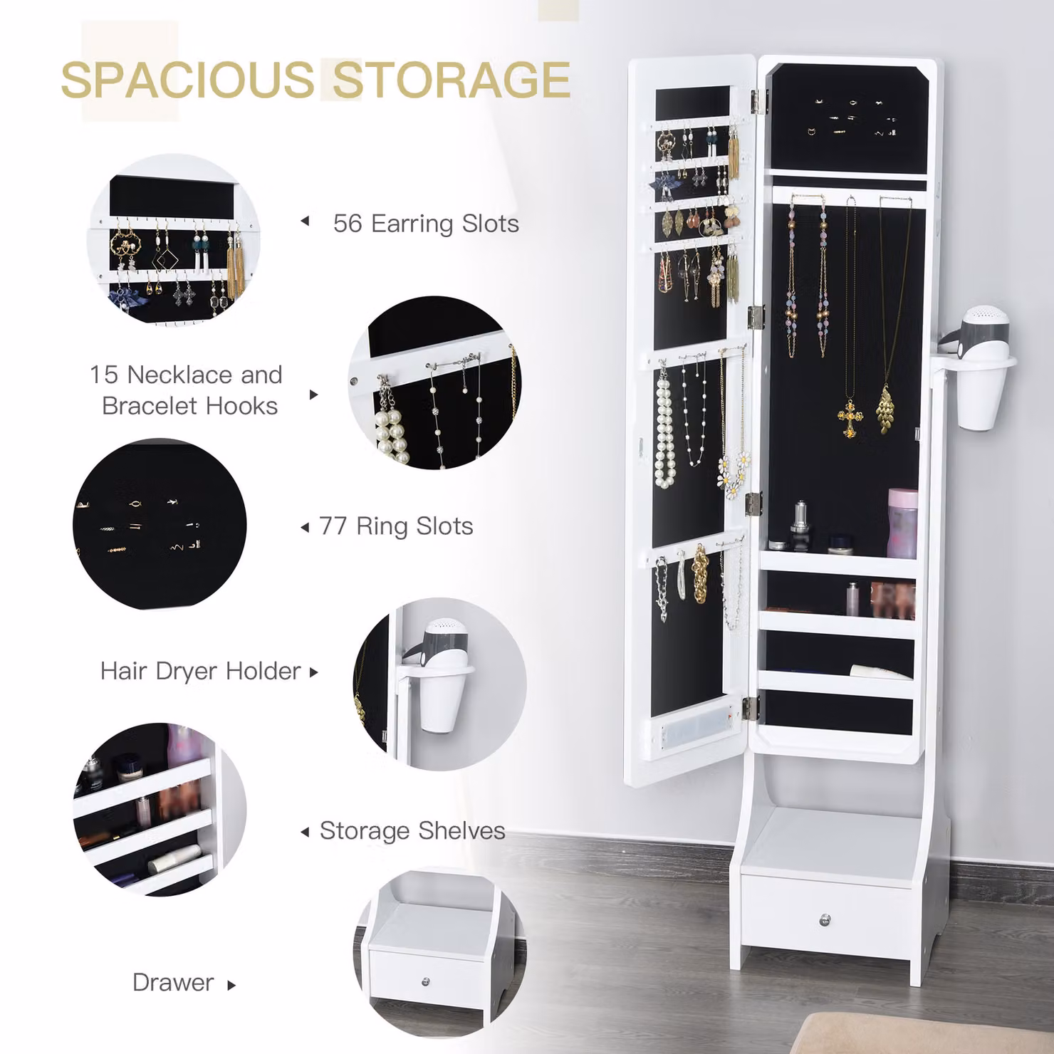 HOMCOM White Freestanding Jewellery Cabinet with Mirror, LED Lights and Internal Shelves, H 158 x W 37 x D 15 cm – 5