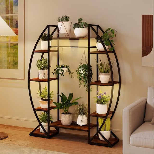 COSTWAY Industrial Metal Plant Stand with Integrated Grow Lights in Brown