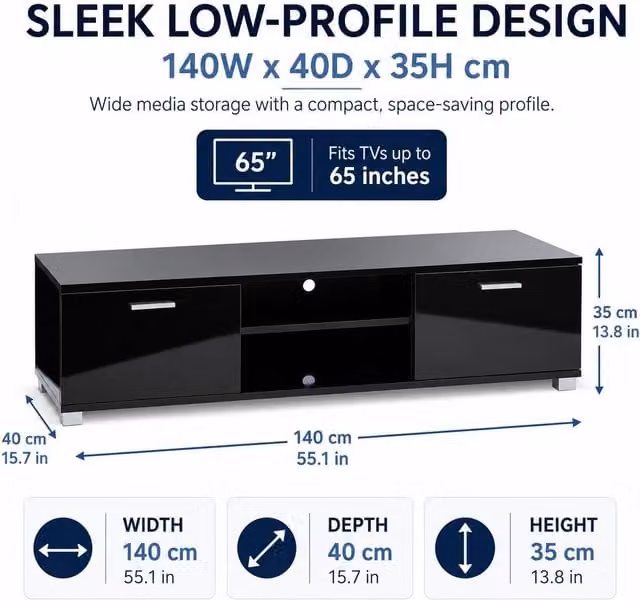 Moderna Black Gloss TV Stand Cabinet with Integrated LED Lighting and Media Compartments