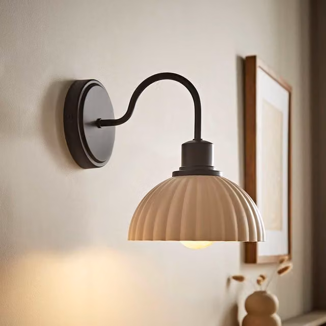 ValueLights Bourton Pair of Black Wall Lights with Cream Ribbed Dome Shades and Bulbs Included – 1