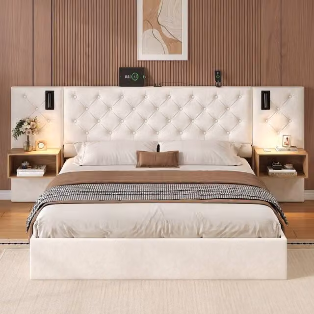 Merax King Size Upholstered Ottoman Storage Bed in Beige with LED Lighting, Bedside Shelves and USB Charging Ports, 180 x 200 cm