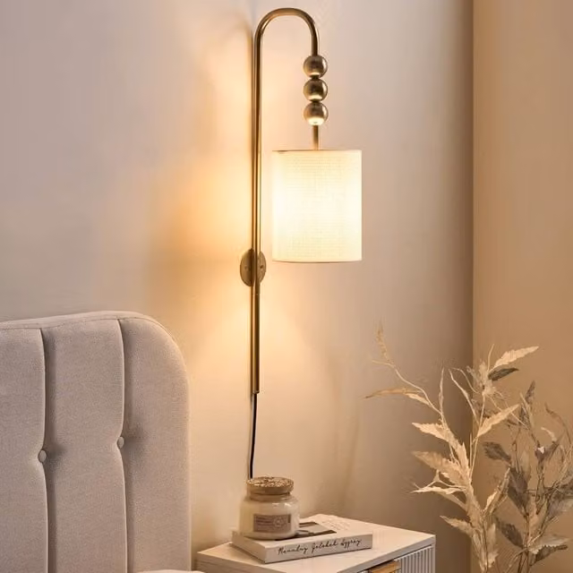 Wyld and Coco Mid Century Wall Lamp with Fabric Drum Shade in Bronze and Brass