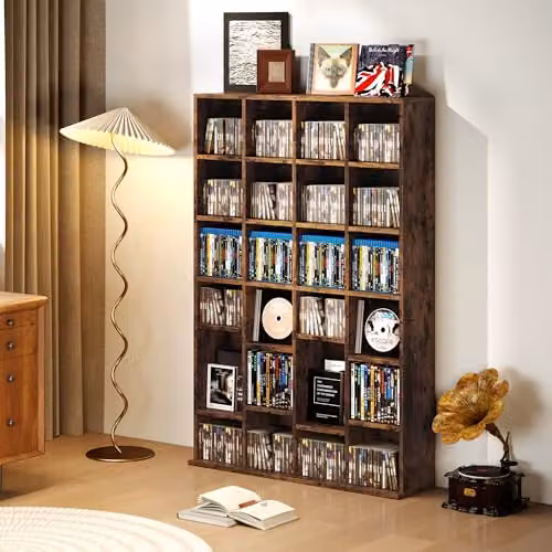 HOMCOM Rustic Brown Media Storage Unit with Adjustable Shelves and Back Panel – 9