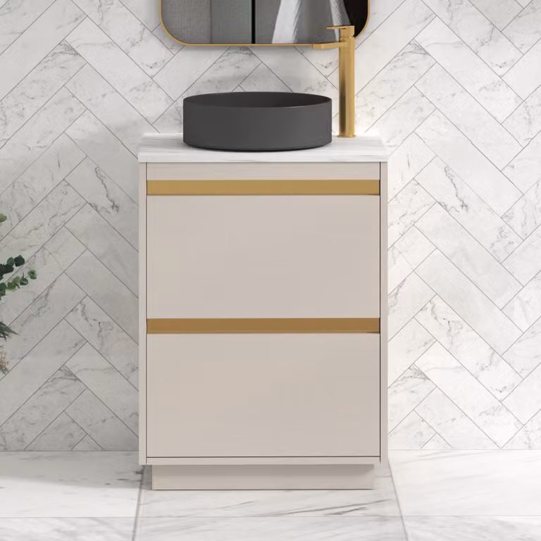 Royal Bathrooms Orion 600mm Warm Taupe Floor Standing Countertop Vanity Unit with 2 Drawers, Art Round Basin and Brushed Brass Accent Trim