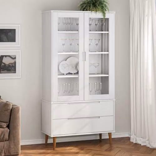 vidaXL MOLDE Vitrine Cabinet in White Lacquered Solid Pine with Glass Doors, W/D/H: 90 x 35 x 175 cm – 2