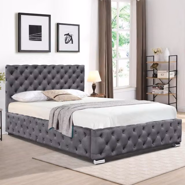 Comfy Living Chesterfield Tufted Fabric Bed Frame in Grey, King Size
