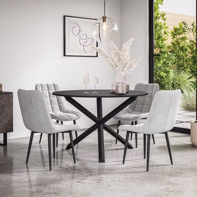 More4Homes Malvern Round Dining Table and Set of 4 Nova Grey Velvet Chairs with Black Oak Legs – 1