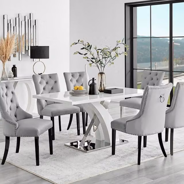FurnitureboxUK Atlanta White Rectangular Dining Table and 6 Belgravia Grey Upholstered Chairs with Black Legs – 1