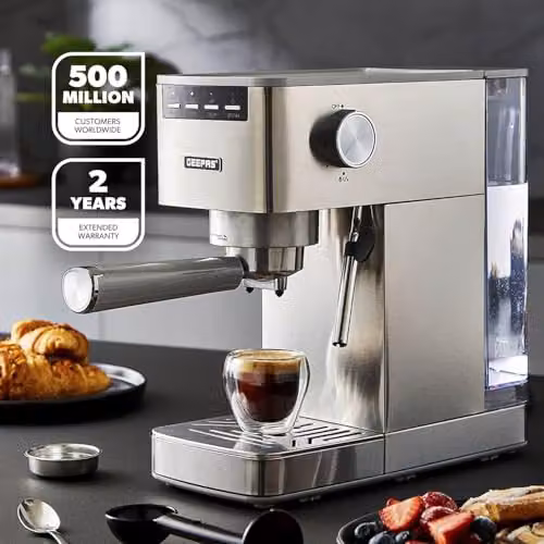GEEPAS Espresso and Cappuccino Coffee Machine with Milk Frother, Silver, 15 Bar Pressure, 1.4 l Water Tank, 1450W with Thermoblock Heating and Pre-infusion – 2