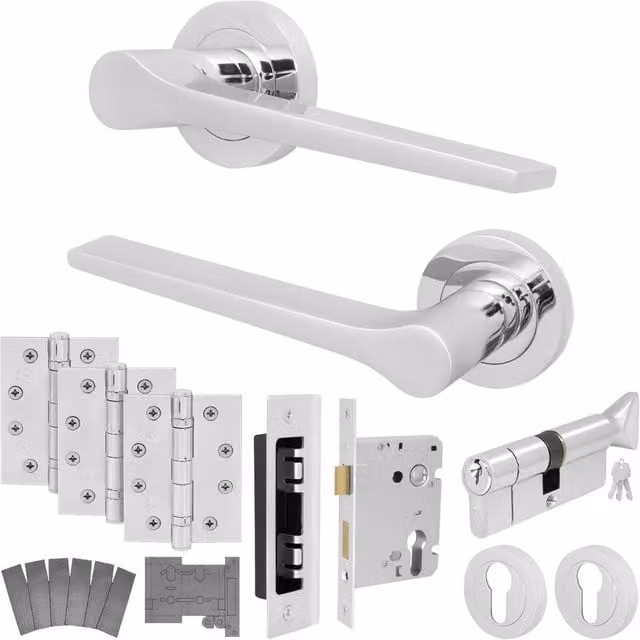 AFIT Chrome Fire Door Handle Euro Lock Thumbturn Cylinder Set with Hinges in Silver, W/D/H: 15.0 x 15.0 x 6.1 cm – 1