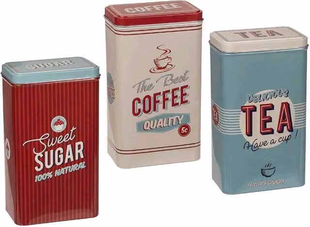 Almineez Set of 3 Striped Stainless Steel Tea Coffee Sugar Canisters in Multicolour Red