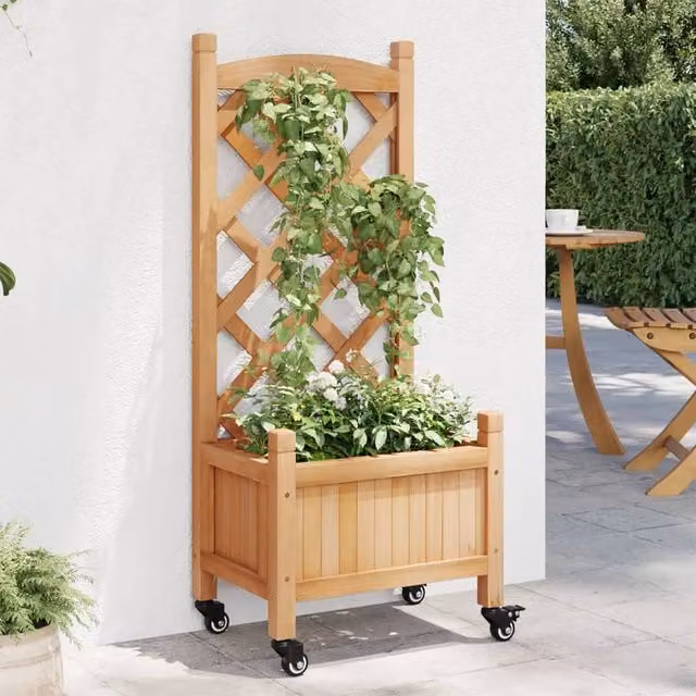 Berkfield Home Brown Solid Wood Fir Planter with Trellis and Wheels – 1