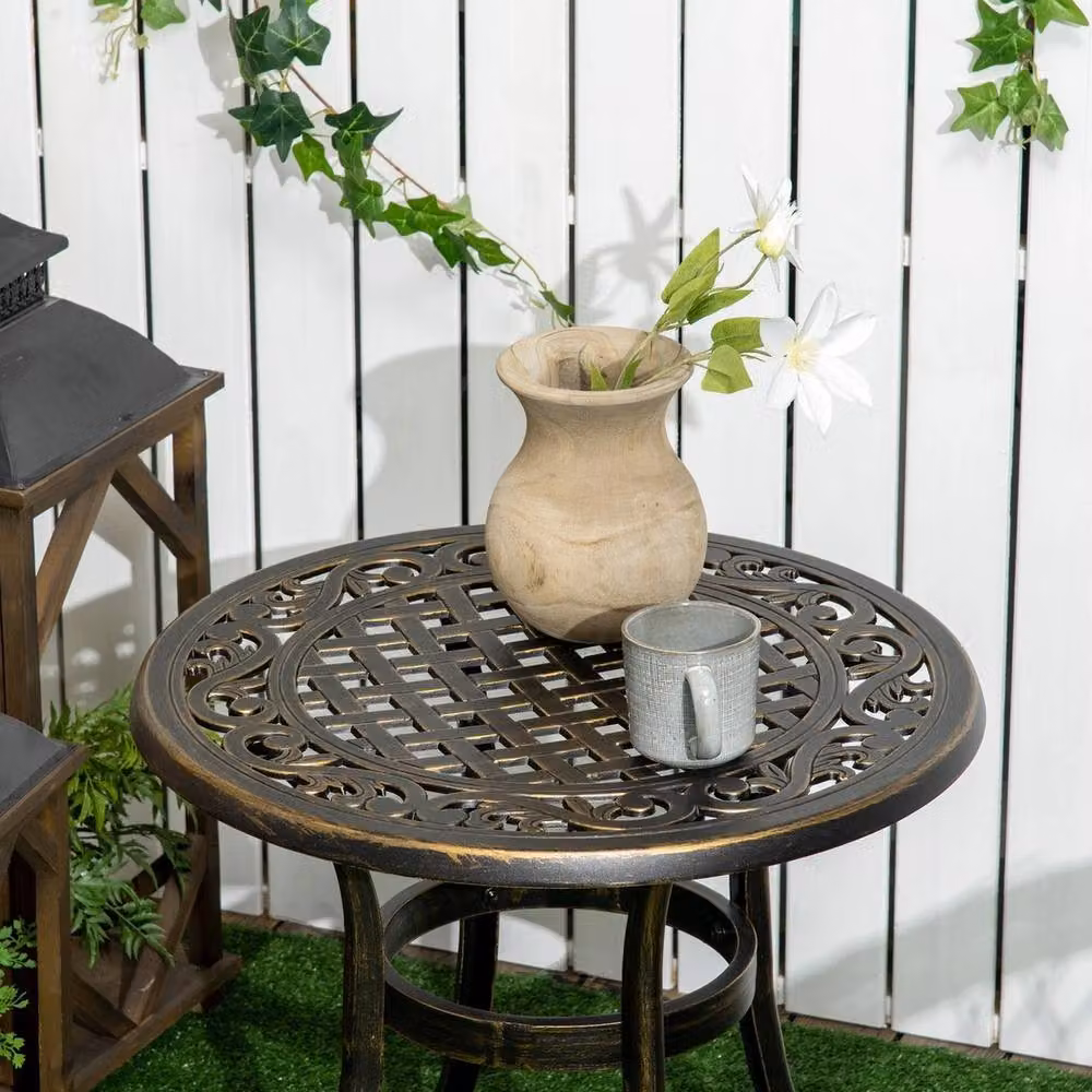 EONLION Bronze Vintage Metal Round Hollow Top Side Table – 3