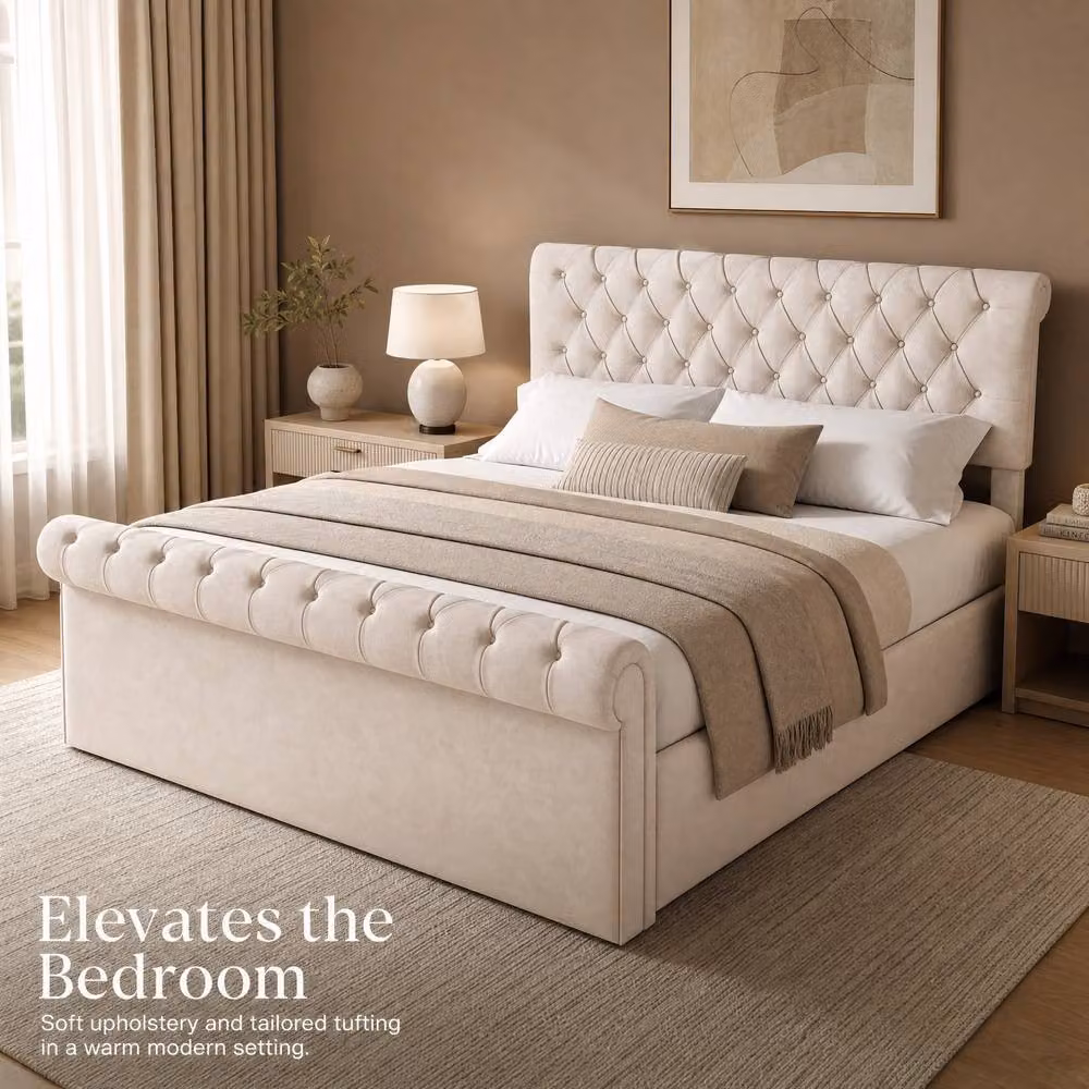 STILVORA King Size Upholstered Storage Bed in Beige Velvet with Lift Up Base, W/D/H: 180 x 200 cm – 2