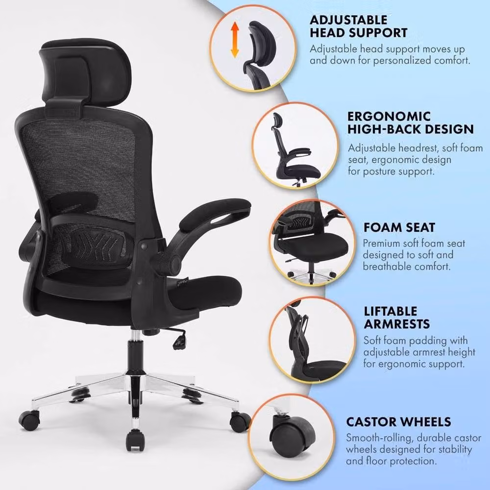 EONLION Model 744 Ergonomic Office Chair in Black and Silver with Headrest and Armrests – 3