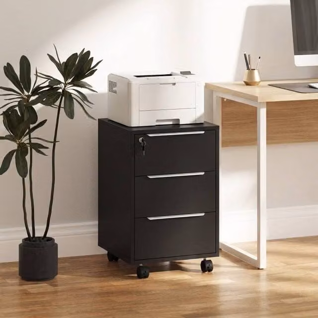STILVORA Black Three-Drawer Filing Cabinet with Lock and Castors, W/D/H: 40 x 40 x 63.5 cm