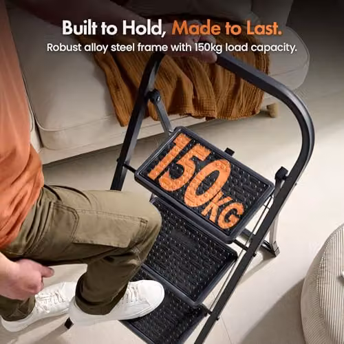 VonHaus 3 Step Steel Ladder in Grey with Anti-Slip Rubber Feet, 150kg Max Capacity – 4