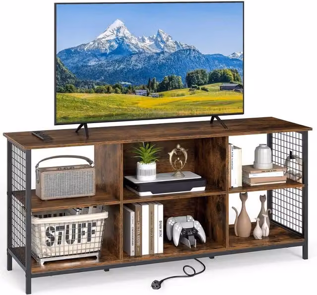 KORVIXA 3-Tier Industrial TV Stand for up to 65 inch TVs with Power Outlets and Grommet, Dark Brown