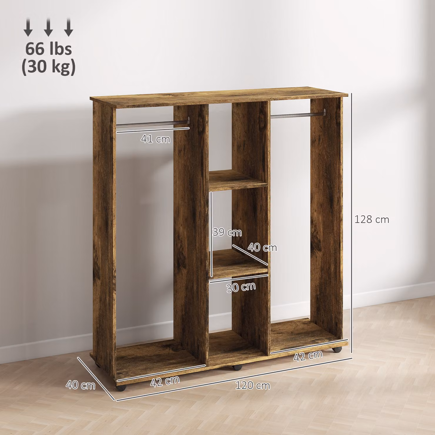 HOMCOM Open Wardrobe with Double Mobile Storage Shelves and Clothes Rail, Rustic Brown – 3