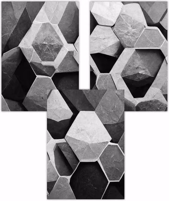 ARTZE Set of 3 Modern Geometric Abstract Hexagon Art Posters in Black and Grey, W: 50 cm, H: 70 cm