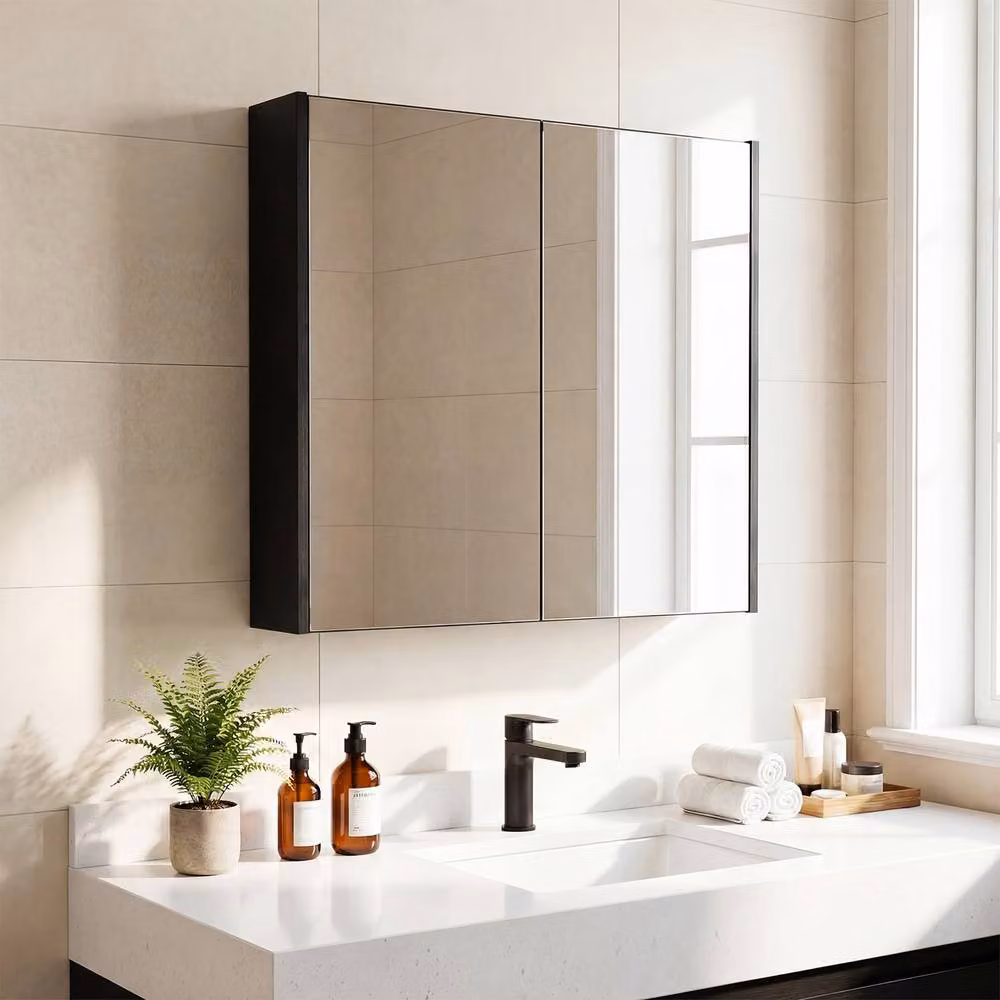 Costway Modern Black Wooden Wall Mounted Bathroom Medicine Cabinet with Mirror and Soft Close Hinged Doors – 6
