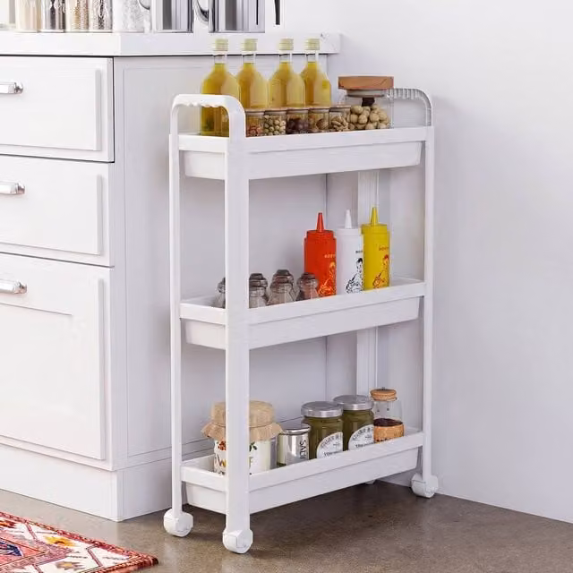 Costway 3-Tier Rolling Storage Cart Slim Bathroom and Kitchen Organiser in White – 1