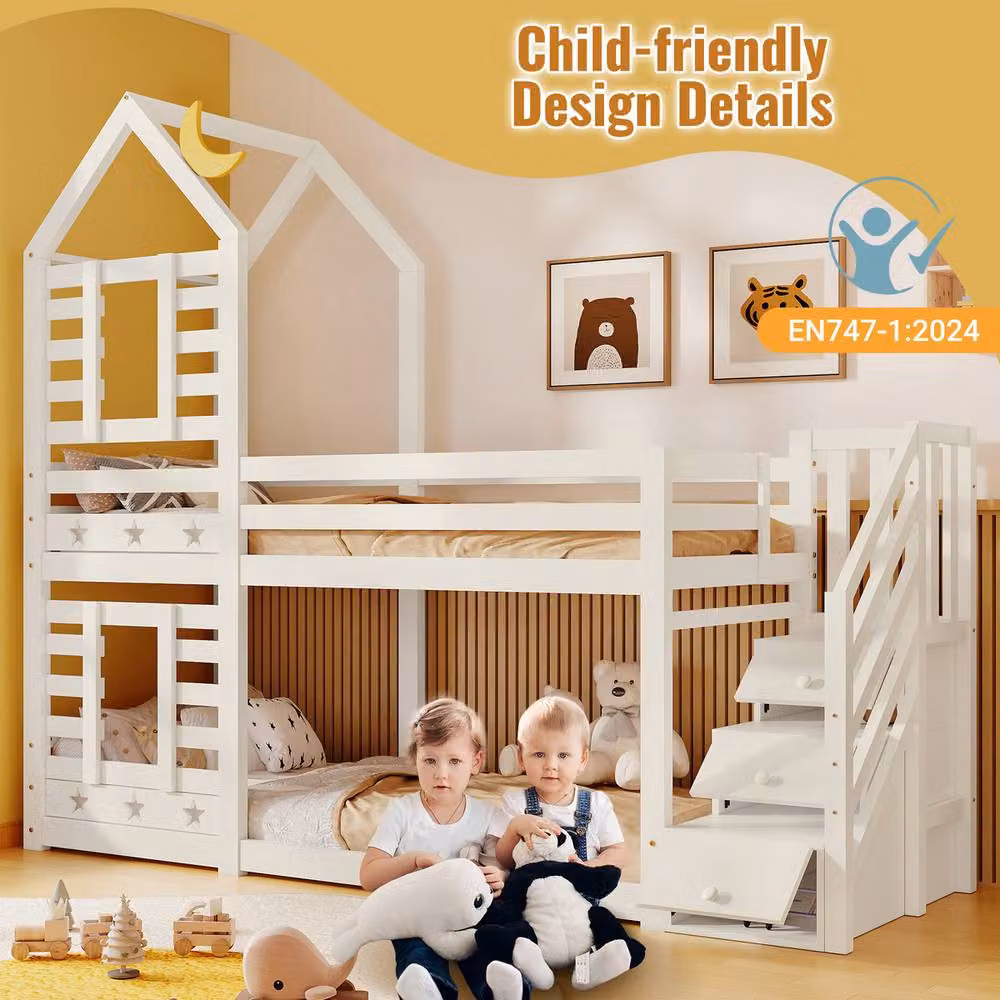Rolipo White Solid Pine Kids Cabin Bed with Storage and Window, W/D/H: 90 x 190 x 120 cm – 2