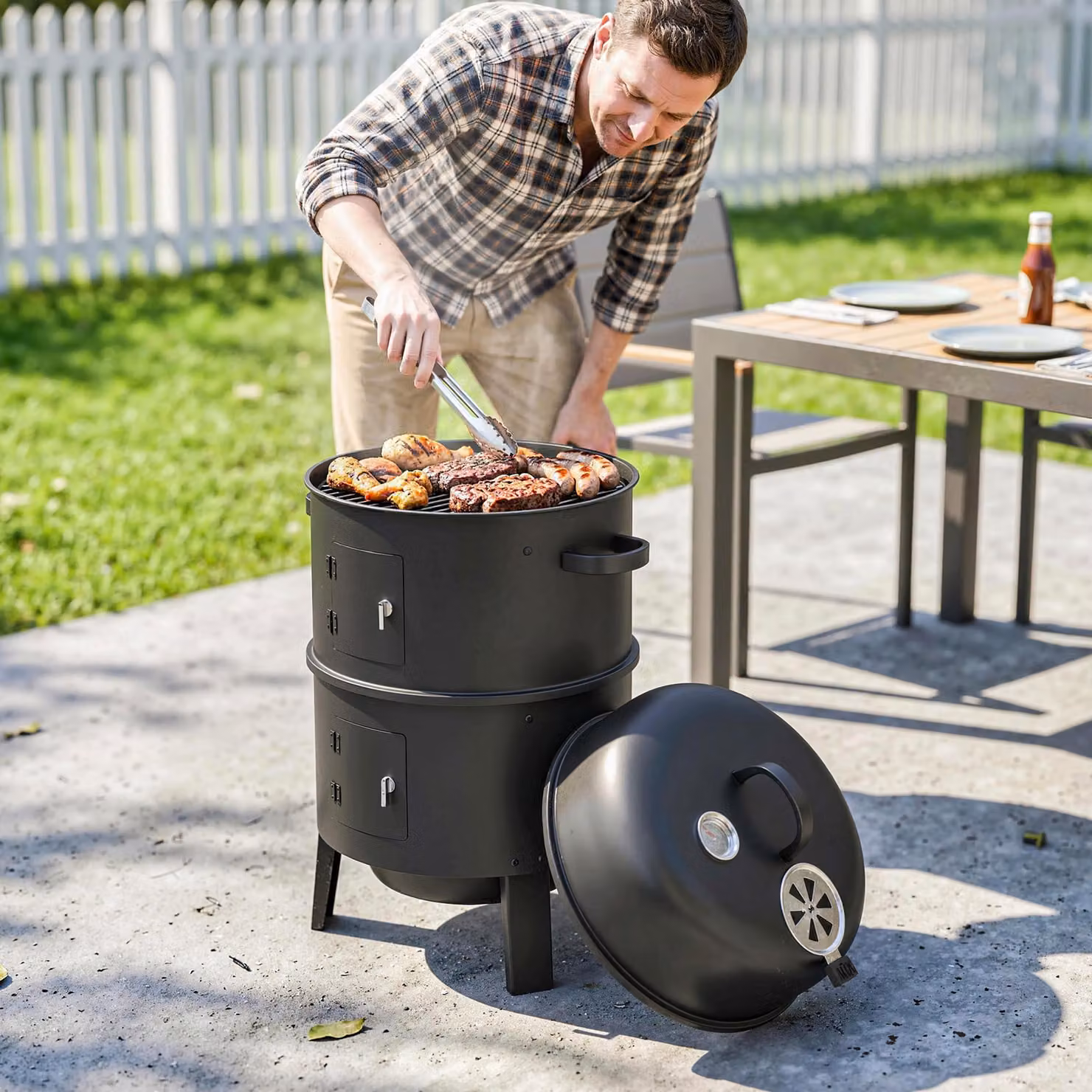 Outsunny 3-in-1 Vertical Charcoal Smoker in Black with Built-in Thermometer and 2 Grill Grates, W/D/H: 52.0 x 41.5 x 81.0 cm – 2