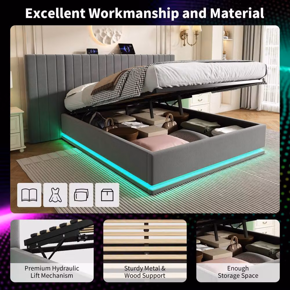 Matteo King Ottoman Storage Bed Frame in Grey Velvet with LED Lighting and USB Charging Station, W: 180 cm x D: 200 cm – 4