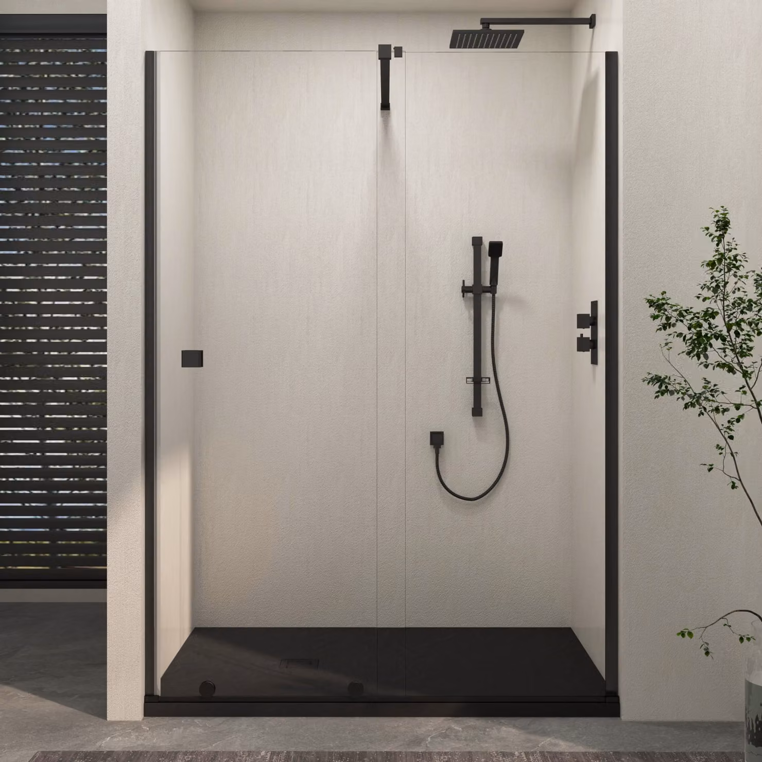 Royal Bathrooms Luton Recessed Sliding Shower Screen with Black Slate Effect Stone Shower Tray, Matt Black, W: 140 cm, D: 90 cm, H: 195 cm