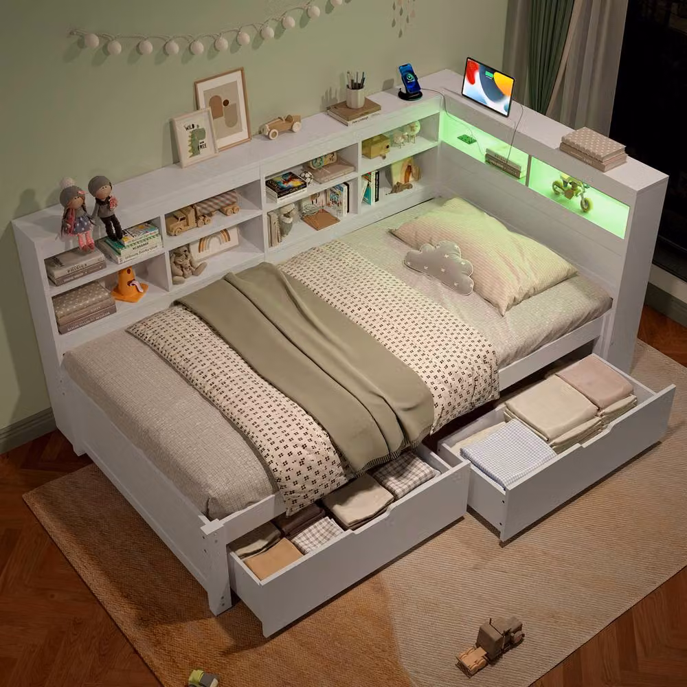 Matteo Single Daybed in White with Storage Drawers, LED Lighting and USB Charging Station, W/D/H: 190 x 90 x 93 cm – 2