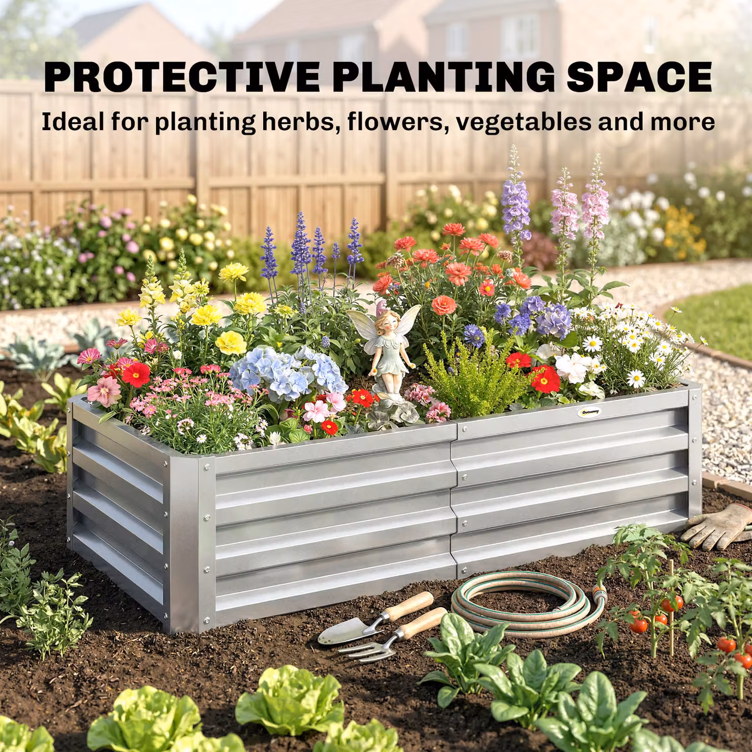 Outsunny Galvanised Steel Raised Garden Bed for Herbs and Vegetables, Silver, W: 60 cm, D: 60 cm, H: 30.5 cm – 6