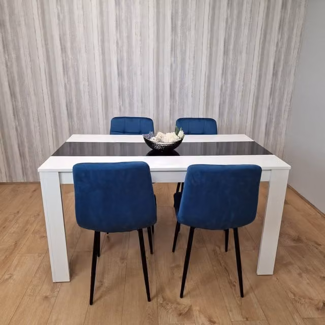 Kosy Koala Modern Dining Set with Rectangular White and Black Glossy Table and 4 Blue Tufted Velvet Chairs