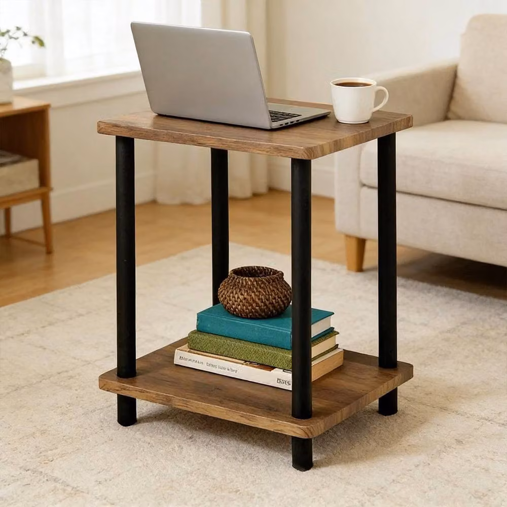 VOGREX 2 Tier Oak Finish Side Table with Shelf in Natural Brown and Sand – 4