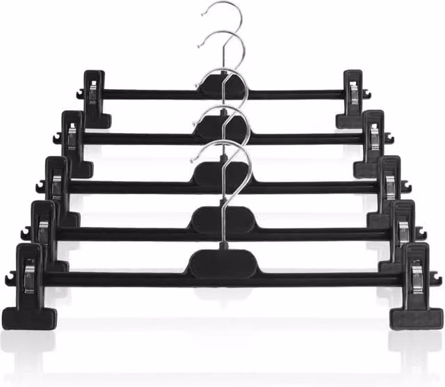 KORVIXA 10-Pack Non-Slip Trouser and Skirt Hangers with Clips and Swivel Hooks, Black