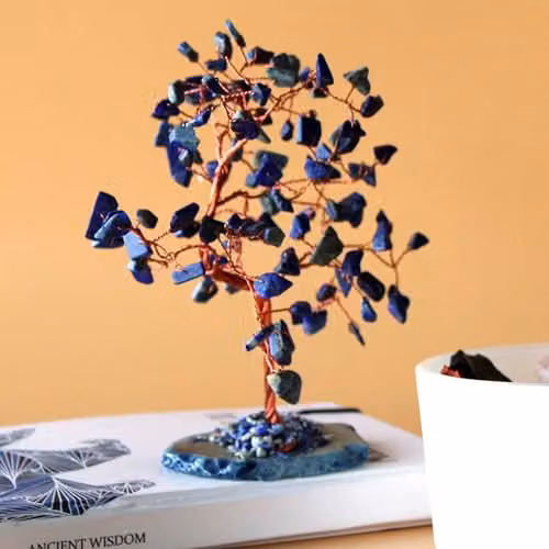 KDMD Large Sodalite Gemstone Bonsai Tree with Blue Agate Base (100 Stones)