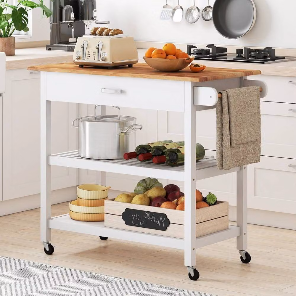 Kelvenix Scandinavian Kitchen Island and Dining Room Serving Trolley in Natural Wood with White and Brown Accents – 2