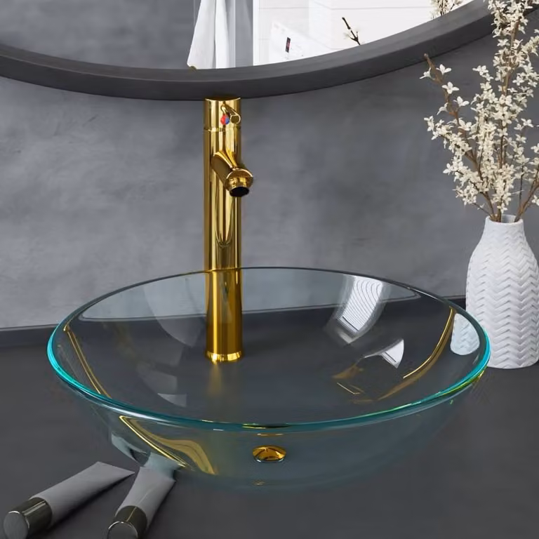 Berkfield Home Round Clear Tempered Glass Countertop Bathroom Sink with Gold Tap and Push Drain, Diameter: 42 cm, Height: 13 cm